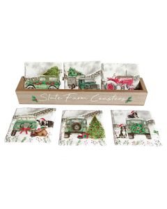 CHRISTMAS FARM LANDY AND TRACTOR WITH SHEEP DOG SCENE SLATE COASTER 6 ASST STAND 24