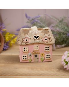 STONEWARE PINK THATCHED COTTAGE WITH EMBOSSED FLOWERS WAX MELT BURNER