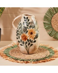 FLORAL EUCALYPTUS URN CREAM HANDPAINTED CRACKLE STONEWARE SS25