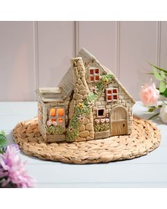 COTTAGE GARDEN STONEWARE DOUBLE COTTAGE WITH FULL CHIMNEY AND EMBOSSED DETAILS CANDLE HOLDER