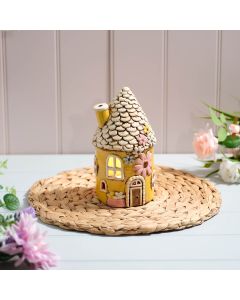 COTTAGE GARDEN STONEWARE FAIRY STYLE ROUND HOUSE WITH EMBOSSED DETAILS CANDLE HOLDER