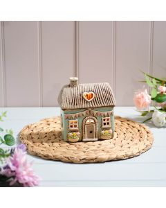 COTTAGE GARDEN STONEWARE SOFT BLUE HOUSE WITH BUNTING AND WINDOW FLOWER BOXES ALL EMBOSSED DETAILS CANDLE HOLDER