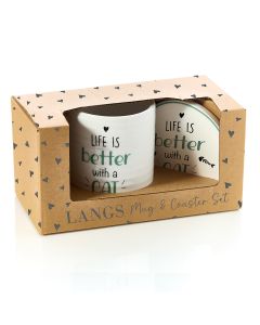 LIFE IS BETTER WITH A CAT CERAMIC RIBBED MUG WITH COASTER GIFT BOXED