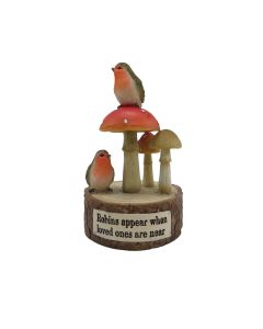 COUNTRYSIDE WOODLAND ROBINS WITH MUSHROOMS ROBINS APPEAR WHEN LOVED ONES ARE NEAR RESIN ORNAMENT