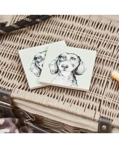 DACHSHUND DOG COASTER SET OF 4 GREEN & GREYSCALE CERAMIC+