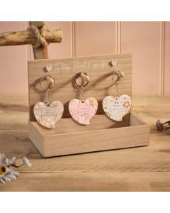 DITSY FLORAL METAL HEART SHAPED KEYRING 3 ASSTD DESIGNS WITH TRAY 36