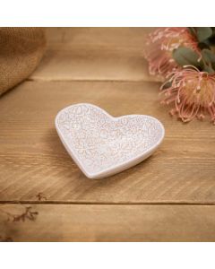 STONEWARE WHITE SMALL EMBOSSED FLOWER HEART DISH REACTIVE GLAZE