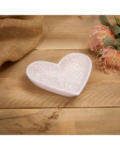 STONEWARE WHITE LARGE EMBOSSED FLOWER HEART DISH REACTIVE GLAZE