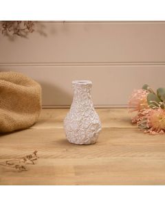 STONEWARE WHITE EMBOSSED FLOWER SMALL VASE REACTIVE GLAZE