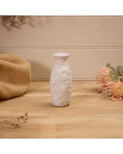 STONEWARE WHITE EMBOSSED FLOWER MEDIUM VASE REACTIVE GLAZE