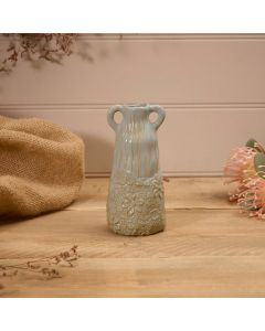 STONEWARE GREEN EMBOSSED VASE WITH HANDLES