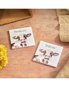 FARM LIFE MOODY AND POSH COW CERAMIC COASTER WITH 3D ELEMENTS 2 ASSTD SET OF 4