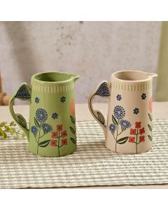 FLOURISH AND FOLIAGE DECORATIVE STONEWARE EMBOSSED JUG WITH FLOWER HANDLE 2 ASSTD
