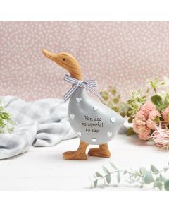 FRIEND SPECIAL TO ME DUCK ORNAMENT GREY RESIN WITH EMBOSSED HEARTS