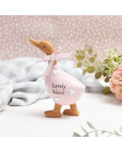 LOVELY FRIEND DUCK ORNAMENT PINK POLYRESIN WITH EMBOSSED HEARTS