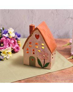 FLORAL SERENADE STONEWARE HOUSE WITH CUT OUT HEART EMBOSSED PINK FLOWER CANDLE HOLDER