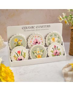 FLORAL SERENADE CERAMIC 3D RAISED DETAIL WITH GOLD SCALLOPED EDGE ROUND COASTER 6 ASSTD WITH STAND OF 36