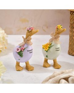 FLORAL SERENADE HANDCRAFTED MUM AND FRIEND POLYRESIN STANDING DUCK WITH FLOWERS MEDIUM ORNAMENT 2 ASST