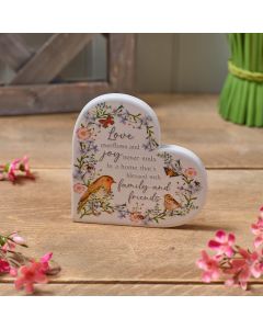 GARDEN BIRDS CERAMIC HEART BLOCK LOVE FAMILY AND FRIENDS