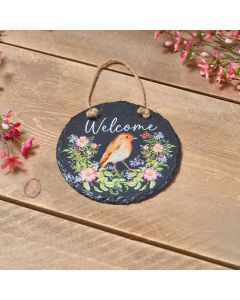 GARDEN BIRDS ROUND SLATE WELCOME PLAQUE WITH ROBIN