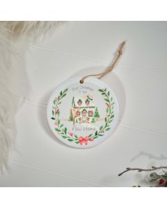 HOLLY COTTAGE SCENE FIRST CHRISTMAS IN OUR NEW HOME CERAMIC HANGER WITH RAISED 3D DETAIL