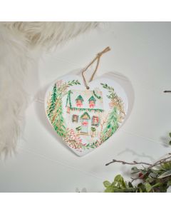 HOLLY COTTAGE SCENE CERAMIC HEART HANGER WITH RAISED 3D DETAIL
