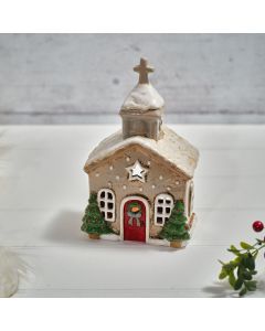 HOLLY COTTAGE STONEWARE CHURCH CANDLE HOLDER