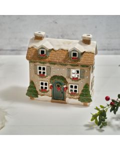 HOLLY COTTAGE STONEWARE HOUSE WITH DORMER WINDOWS CANDLE HOLDER