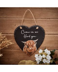 SLATE DOUGAL HIGHLAND COW HEART HANGER WE HERD YOU
