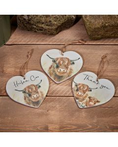 DOUGAL HIGHLAND COW HEART HANGER 3 ASSTD WHITE CERAMIC