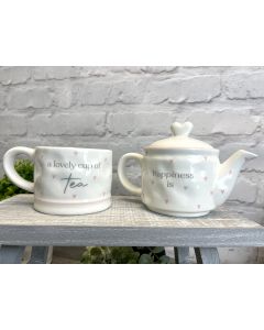 TEA FOR ONE SET WHITE DIMPLED CERAMIC WITH PINK HEARTS*2022*+