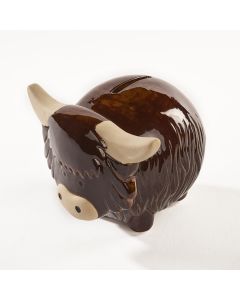 HIGHLAND COW MONEY POT BROWN STONEWARE WITH CREAM HORNS