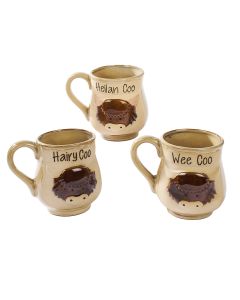 HIGHLAND COW MUG 3 ASSTD WITH COO QUOTE NATURAL STONEWARE