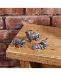 HIGHLAND COW MINI ORNAMENT 3 ASSTD SILVER TEXTURED RESIN SS25