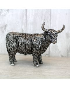 HIGHLAND COW ORNAMENT SILVER TEXTURED RESIN SS25