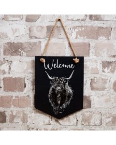 SLATE HIGHLAND COW PENNANT HANGER GREYSCALE