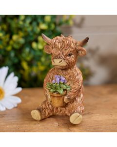 HIGHLAND COW WITH FLOWER IN PLANT POT RESIN ORNAMENT