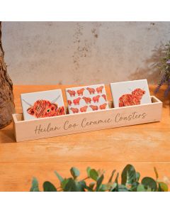 HIGHLAND COO RAINBOW CERAMIC 3D RAISED DETAIL COASTER 3 ASSTD WITH TRAY OF 18