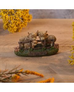 HIGHLAND COW OUR HAPPY HERD RESIN ORNAMENT WITH FENCE