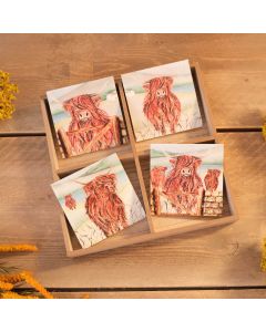 HIGHLAND COW SLATE COASTER 4 ASSTD WITH TRAY OF 24
