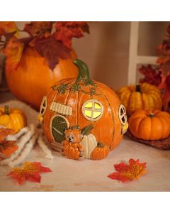 HARVEST HOME STONEWARE SHAPED PUMPKIN HOUSE HAND PAINTED TEA LIGHT HOLDER