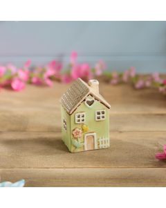 CERAMIC GREEN HOUSE SMALL WITH EMBOSSED FLOWER PAINTED TEA LIGHT HOLDER