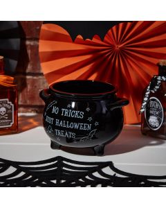 HALLOWEEN TREAT HOLDER CAULDRON BLACK CERAMIC WITH WHITE QUOTE