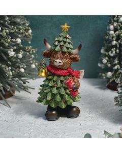 HIGHLAND COW IN CHRISTMAS TREE OUTFIT STANDING WITH BELL RESIN ORNAMENT