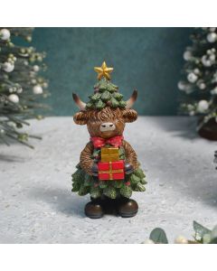 HIGHLAND COW IN CHRISTMAS TREE OUTFIT HOLDING PRESENTS RESIN ORNAMENT