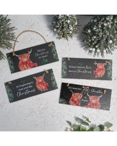 HIGHLAND COW WITH TARTAN SCARF AND FOLIAGE SLATE PLAQUE 4 ASST TRAY 24