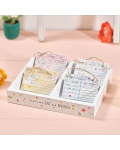LOVE AND KINDNESS CERAMIC POSTCARD HANGER 4 ASSTD DESIGNS WITH TRAY OF 24