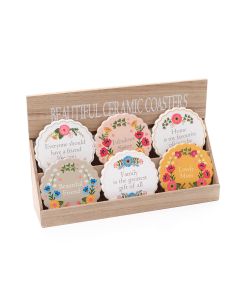 FLORAL LUXE SCALLOPED EDGE CERAMIC COASTER WITH 3D DETAIL 6 ASSTD WITH STAND OF 36