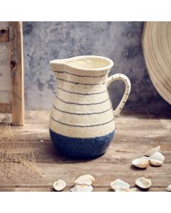 STONEWARE TEXTURED BLUE OFF WHITE AND BLUE STRIPE LARGE DECORATIVE JUG