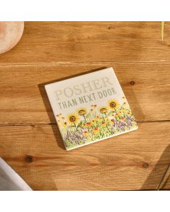 LIFE OUTDOORS CERAMIC RAISED 3D POSHER THAN NEXT DOOR FLORAL COASTER SET OF 4 IN WHITE BOX